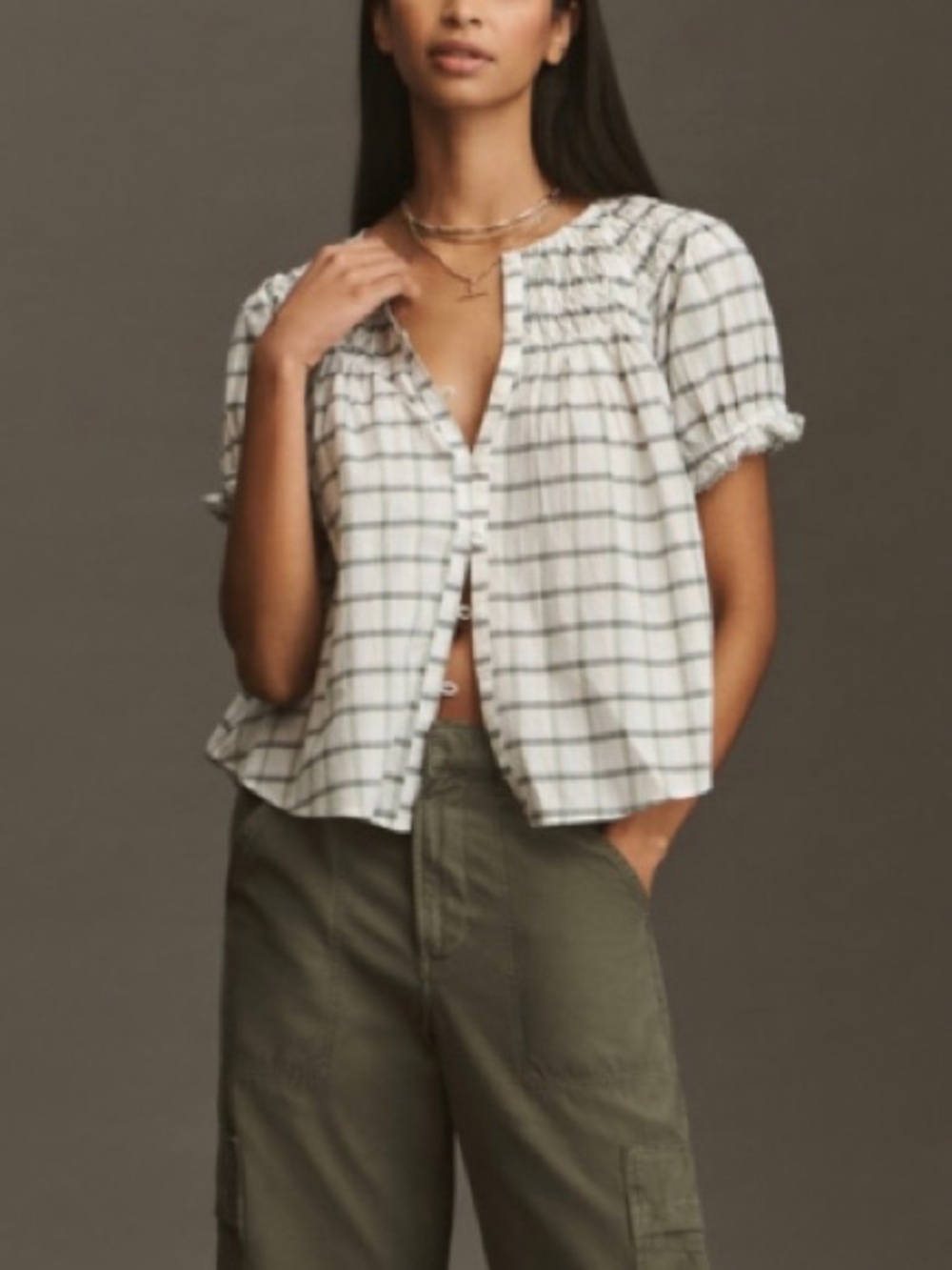 Anthropologie Checked Short-Sleeve Blouse